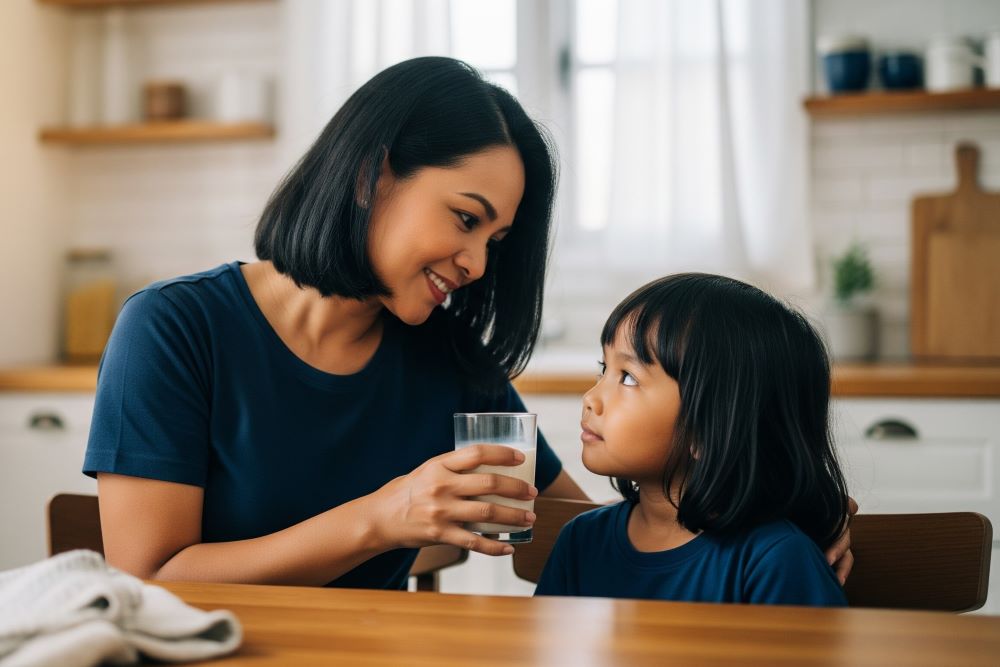 (Ilustrasi Ibu memberikan etawaku platinum untuk anak, Sumber: AI Google Gemini)