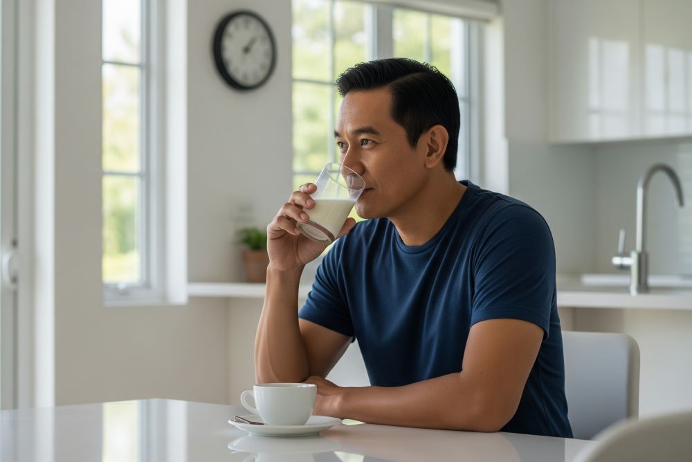 (Ilustrasi bapak Abdul mengonsumsi susu kambing etawaku platinum, Sumber: AI Google Gemini)