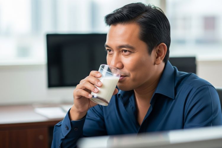 (Ilustrasi pekerja kantor mengonsumsi susu etawaku platinum, Sumber: AI Google Gemini)