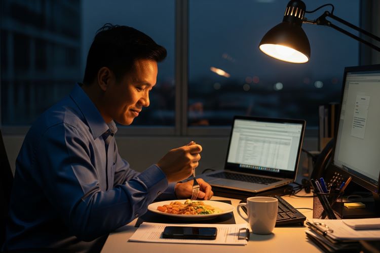 (Ilustrasi pola makan pekerja kantor kurang seimbang, Sumber: AI Google Gemini)