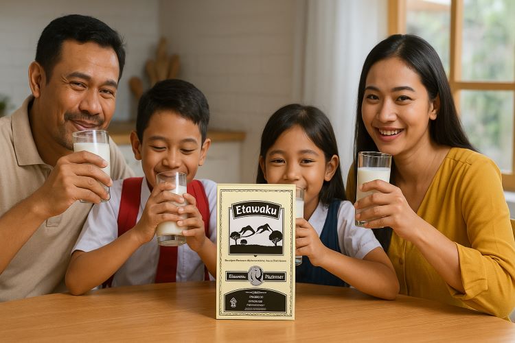 (Ilustrasi satu keluarga sedang konsumsi susu Etawaku Platinum, sumber : AI Etawaku Platinum)