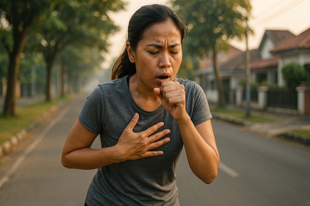(Ilustrasi seorang wanita melakukan jalan pagi dan sesak sehingga batuk, sumber : AI)