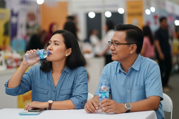 (Ilustrasi seseorang istirahat minum air putih di jakarta fair kemayoran, Sumber: AI Google Gemini)