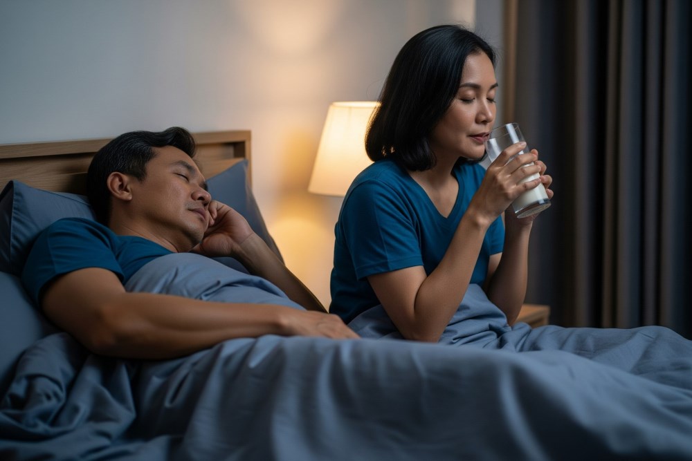 (Ilustrasi seseorang mengonsumsi susu kambing sebelum tidur, Sumber: AI Google Gemini)