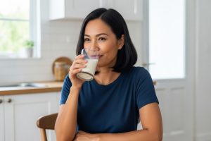 (Ilustrasi seseorang mengonsumsi susu kambing untuk daya tahan tubuh, Sumber: AI Google Gemini)