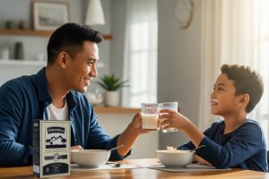 (Ilustrasi anak bapak anis mengonsumsi etawaku platinum, Sumber: AI Google Gemini)