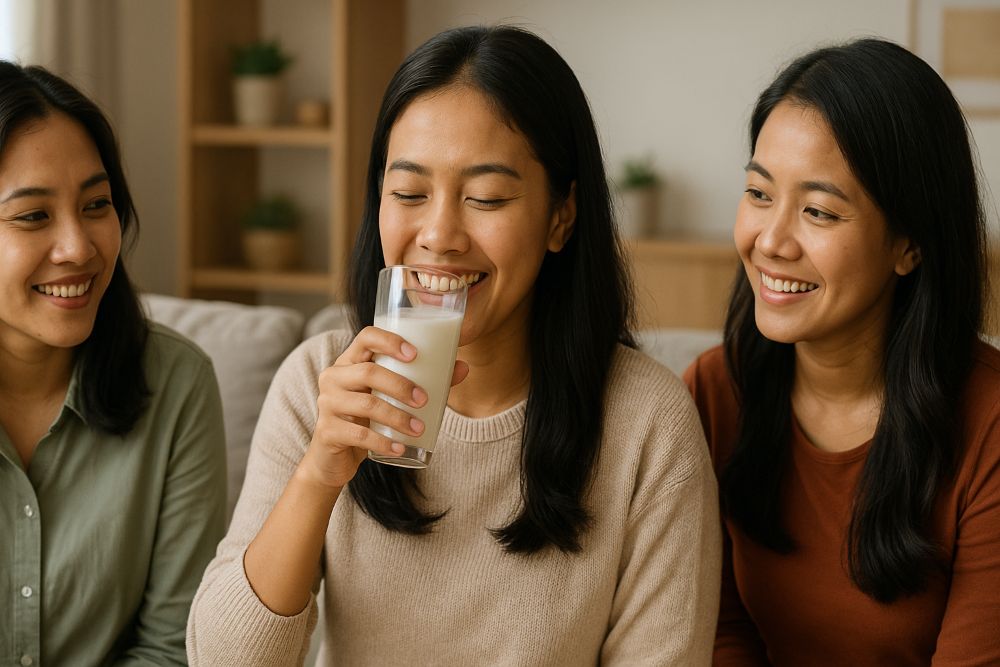 Wanita Minum Susu Dikelilingi Temannya