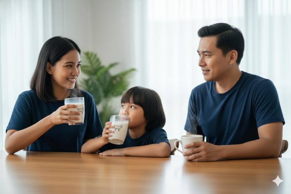 (Ilustrasi keluarga mengonsumsi susu kambing, Sumber: AI Google Gemini)