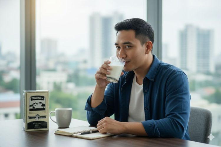 (Ilustrasi seseorang mengonsumsi Etawaku Platinum, Sumber: AI Google Gemini)