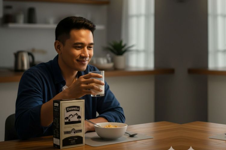 (Ilustrasi seseorang mengonsumsi susu kambing saat sahur, Sumber: AI Google Gemini)