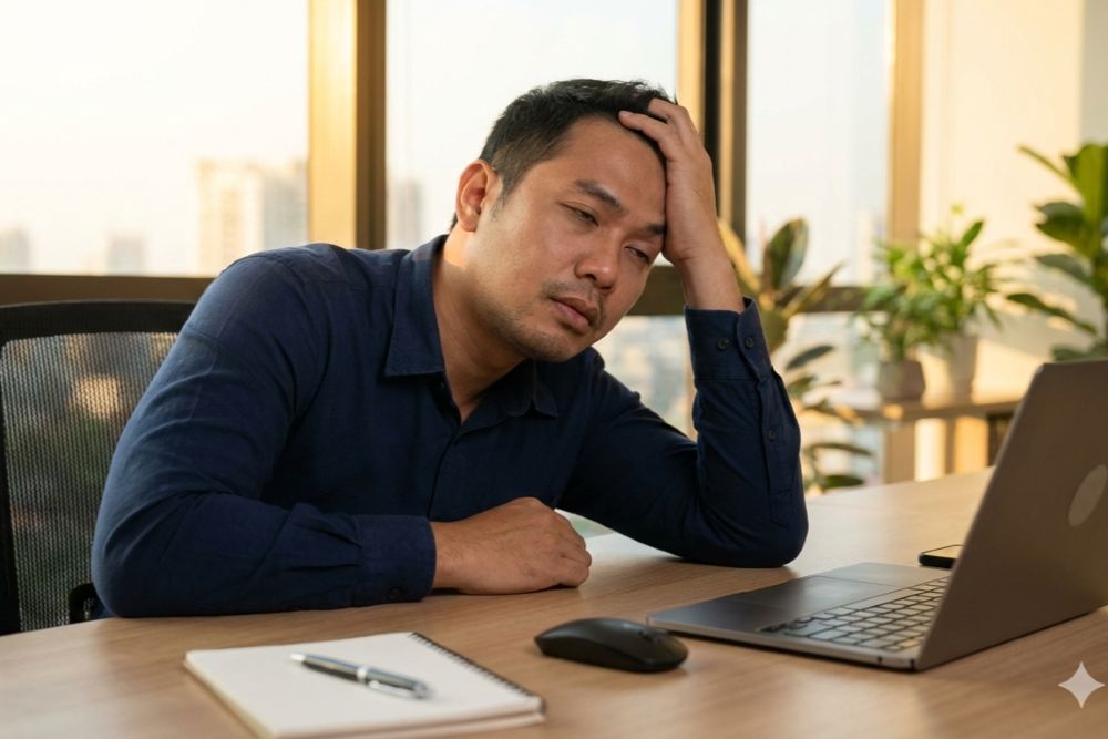 (Ilustrasi seseorang merasa lelah saat berpuasa, Sumber: AI Google Gemini)