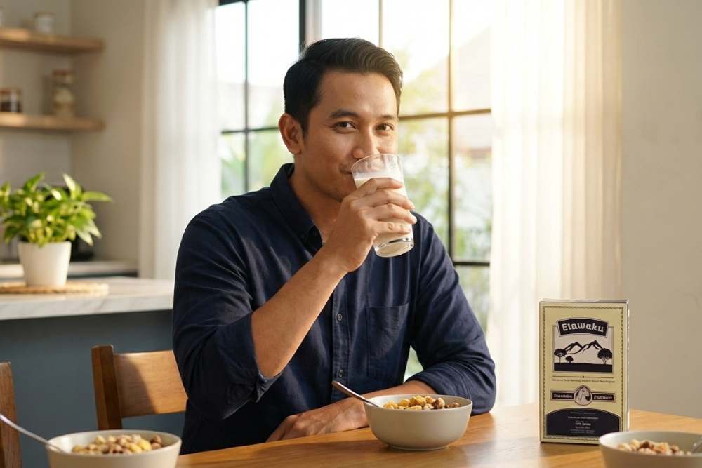 (Ilustrasi seseorang mengonsumsi Susu Kambing, Sumber: AI Google Gemini)