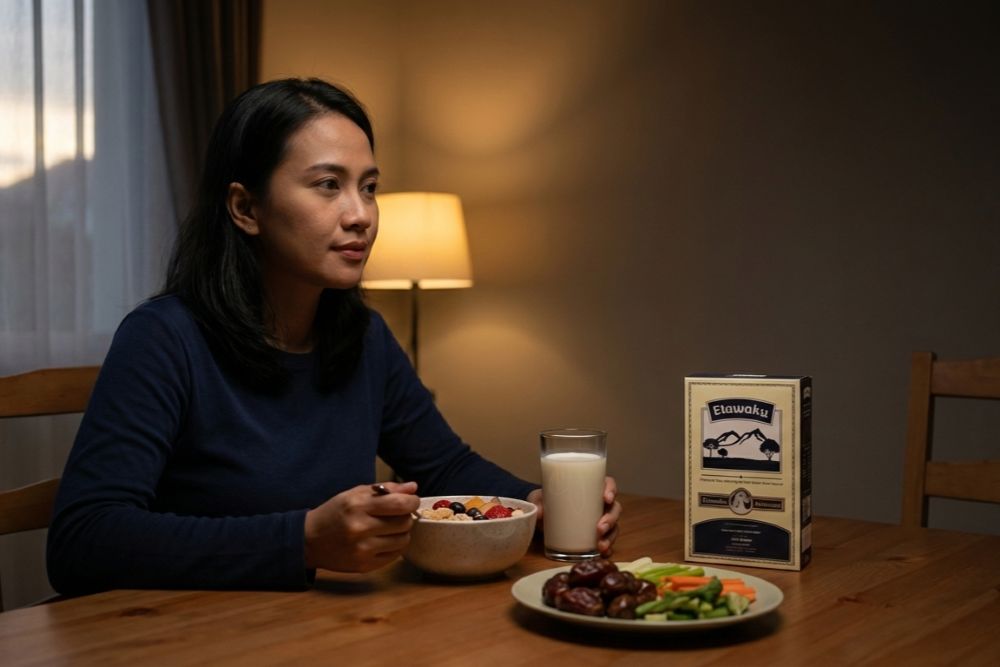 (Ilustrasi seseorang mengonsumsi makanan bernutrisi saat sahur, Sumber: AI Google Gemini)