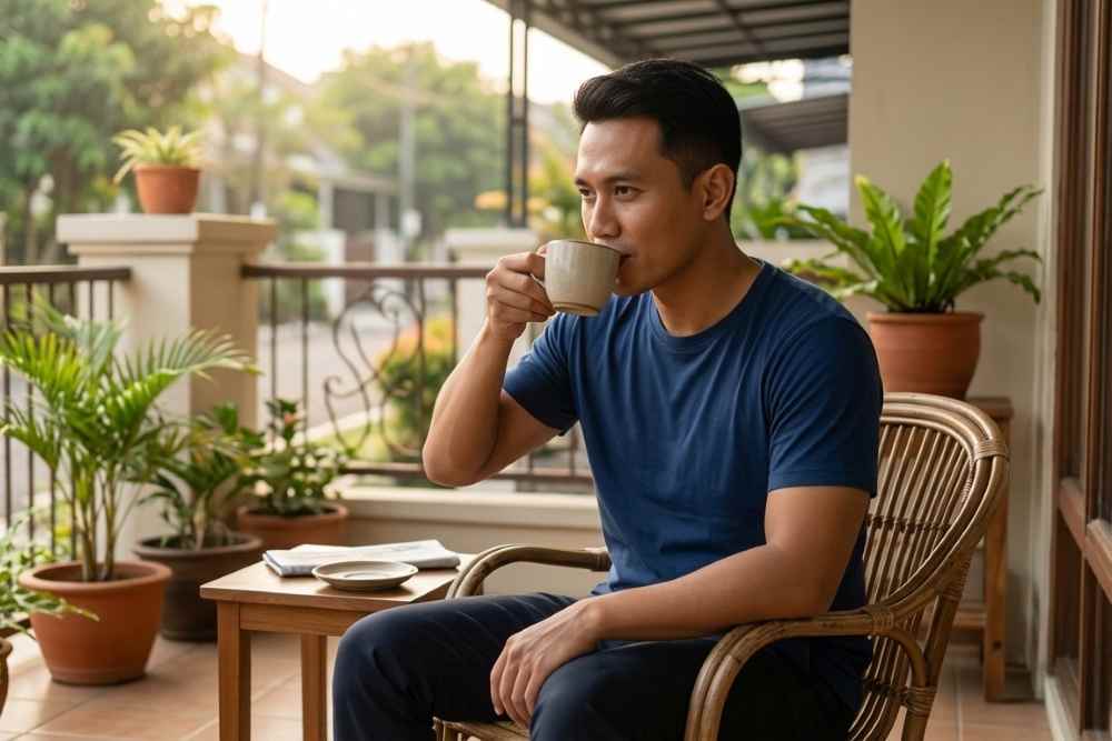 (Ilustrasi bapak-bapak melakukan rutinitas pagi, Sumber: AI Google Gemini)