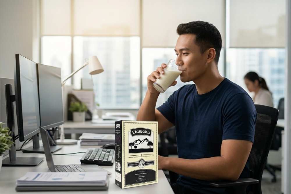 (Ilustrasi seseorang mengonsumsi susu kambing Etawaku Platinum, Sumber: AI Google Gemini)