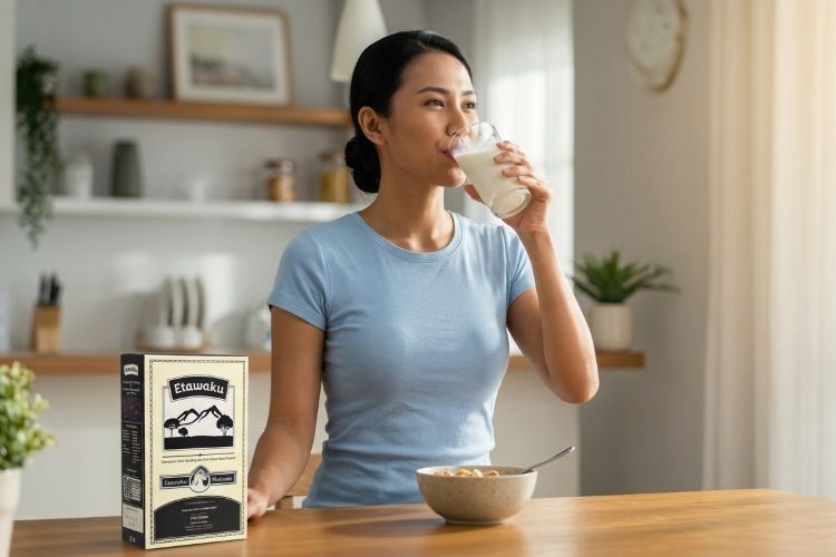 (Ilustrasi seseorang minum Etawaku Platinum, Sumber: AI Google Gemini)